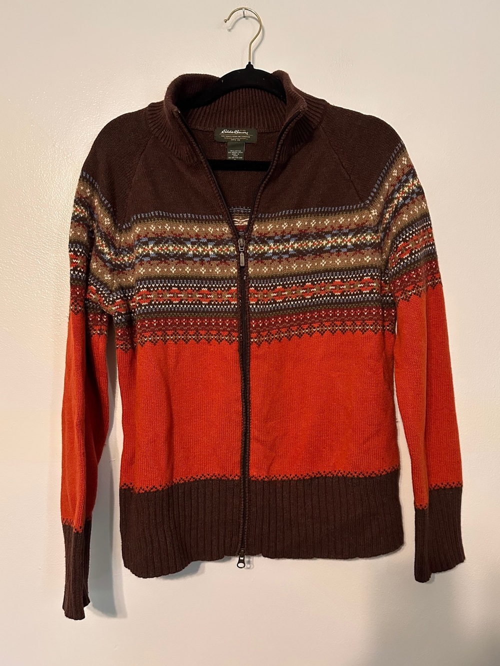 Eddie Bauer Y2K Fall Cotton Wool Orange Brown Zip Sweater size XL